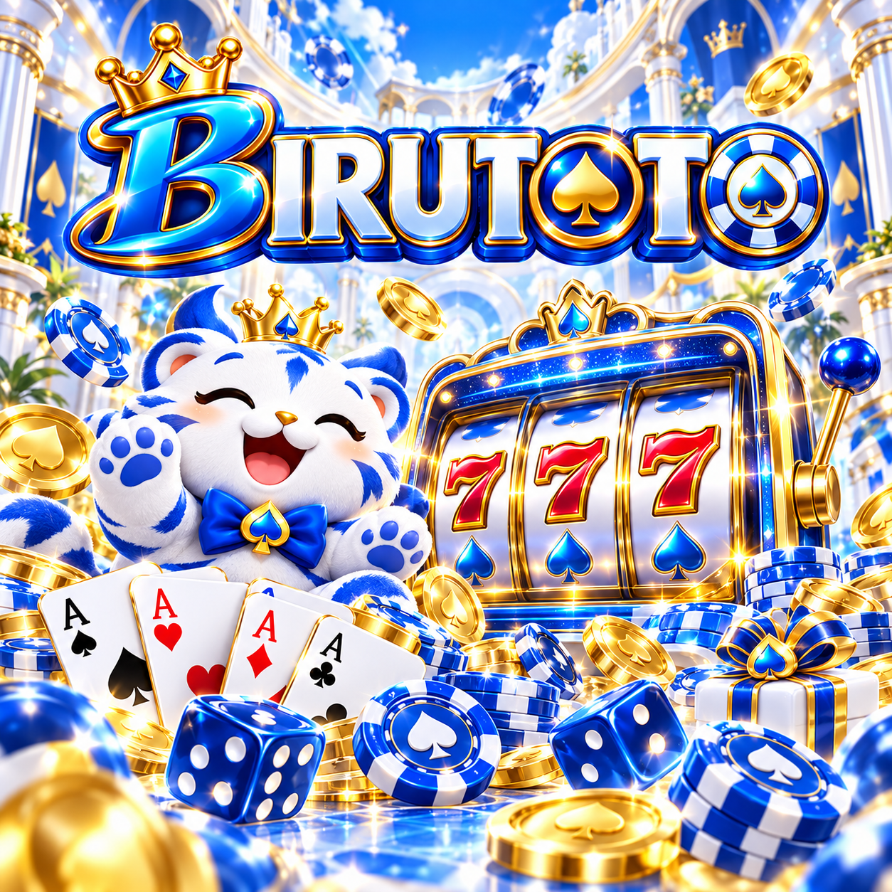 Ilustrasi BIRUTOTO bernuansa biru putih dengan mesin slot, kartu, dan maskot